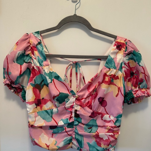 Pink Floral Puff Sleeve Crop Top Tie Back V-Neck Cottagecore Coquette Blouse - Picture 3 of 10